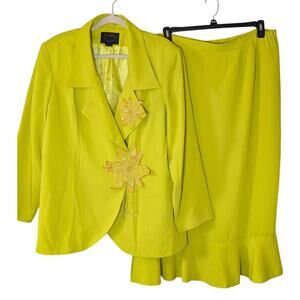 ASHRO Women's Skirt Suit ~ Yellow with Beads and Sequins Flowers Sz 20